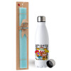 Easter Set, metallic stainless steel water bottle (750ml) & aromatic flat Easter candle (30cm) (TURQUOISE)