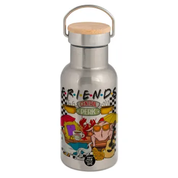 Friends, Stainless steel metallic thermos flask, silver with a bamboo lid, double-walled, 350ml.