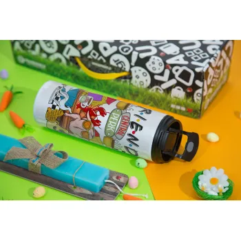 Friends, Easter candle,Travel Tumbler 2 Lids, with metal straw & cleaning brush & aromatic flat candle (30cm) (BLUE)