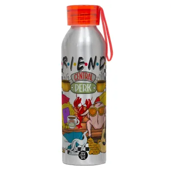 Τα φιλαράκια, Αλουμινένιο Αθλητικό Μπουκάλι 650ml – Ασημί με Κόκκινο Καπάκι και Λουράκι Σιλικόνης