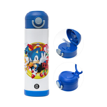 Sonic and friends, Children's hot water bottle, stainless steel, with safety straw, BLUE (500ml)