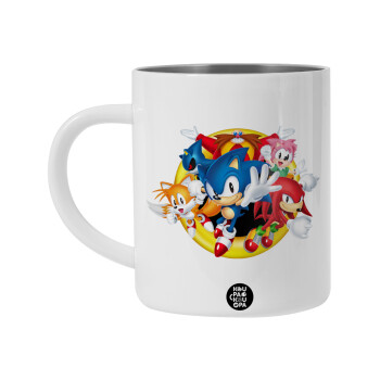 Sonic and friends, Λευκή Ανοξείδωτη Μεταλλική Κούπα 450ml - Διπλού Τοιχώματος 