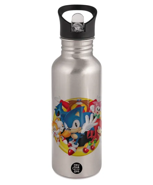 Sonic and friends — Παγούρι νερού Ασημένιο με καλαμάκι, ανοξείδωτο ατσάλι 600ml