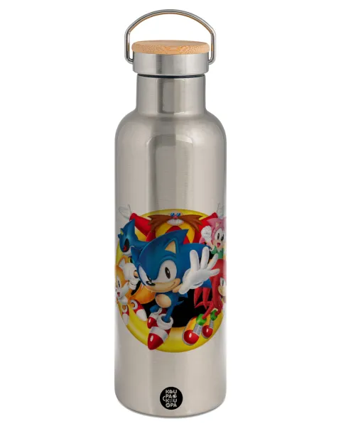 Sonic and friends — Stainless steel Silver with wooden lid (bamboo), double wall, 750ml