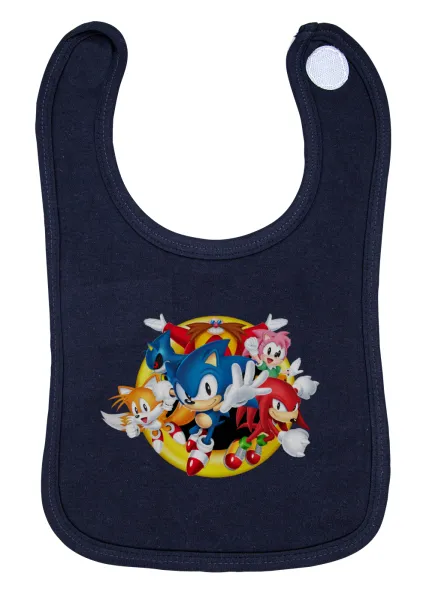 Sonic and friends — Baby bib with velcro, blue, 100% organic cotton (0-18 months)