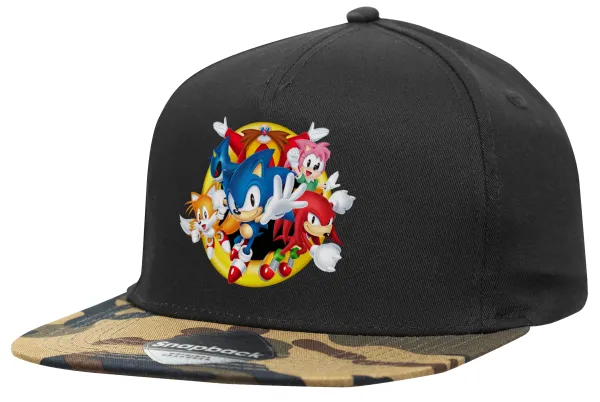 Sonic and friends — Adult Flat Snapback Hat Black/Camouflage, (100% COTTON TWILL, ADULT, UNISEX, ONE SIZE)