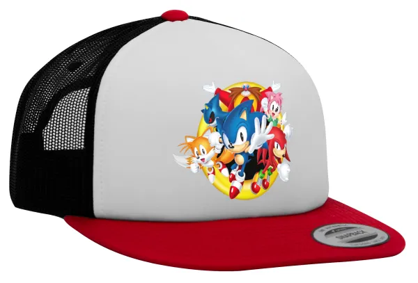 Sonic and friends — Adult Foam Flat Snapback with Mesh Red-White-Black (POLYESTER, ADULT, UNISEX, ONE SIZE)