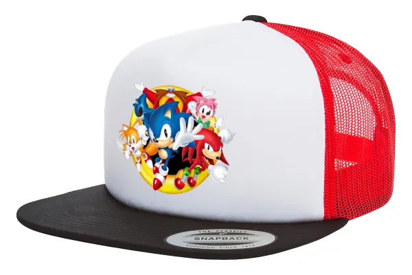Sonic and friends — Adult Foam Flat Snapback with Mesh Black-White-Red (POLYESTER, ADULT, UNISEX, ONE SIZE)