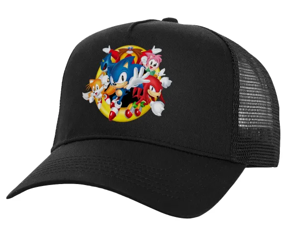 Sonic and friends — Structured Trucker Adult Hat, with Mesh, Black (100% COTTON, ADULT, UNISEX, ONE SIZE)