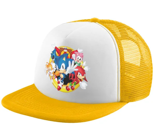 Sonic and friends — Adult Soft Trucker Hat with Yellow/White Mesh (POLYESTER, ADULT, UNISEX, ONE SIZE)