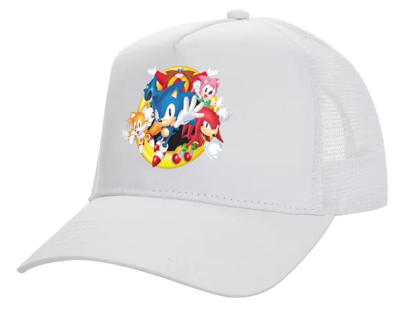 Sonic and friends — Structured Trucker Adult Hat, with Mesh, WHITE (100% COTTON, ADULT, UNISEX, ONE SIZE)