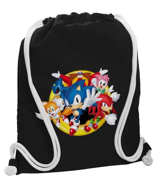 Sonic and friends — Backpack pouch GYMBAG Black, with pocket (40x48cm) & thick white cords