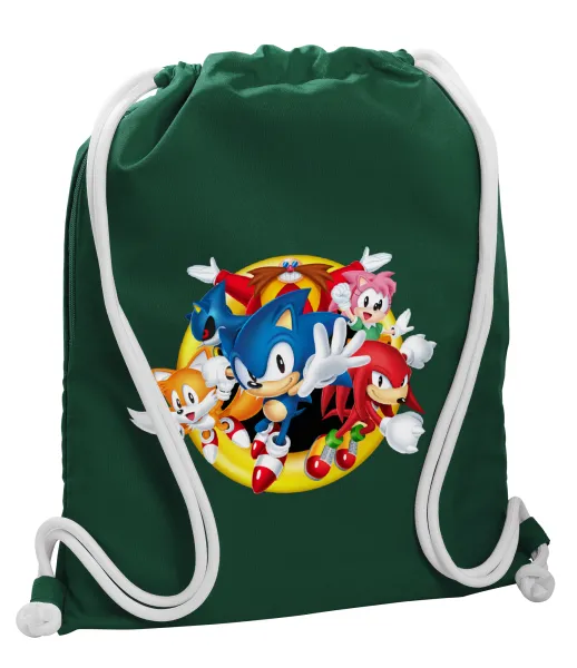 Sonic and friends — Backpack pouch GYMBAG BOTTLE GREEN, with pocket (40x48cm) & thick white cords