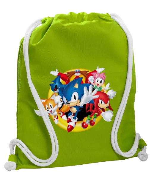 Sonic and friends — Backpack bag GYMBAG LIME GREEN, with pocket (40x48cm) & thick cords