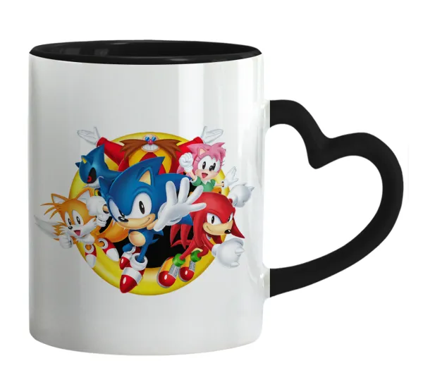 Sonic and friends — Mug heart black handle, ceramic, 330ml