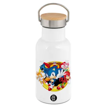 Sonic and friends, Metallic thermos (Stainless steel) White with wooden lid (bamboo), double-walled, 350ml