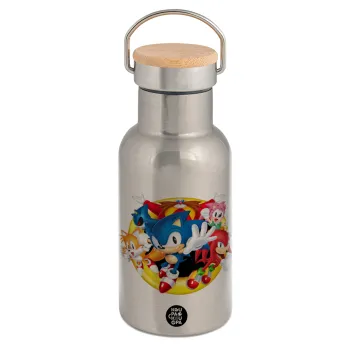 Sonic and friends, Μεταλλικό παγούρι θερμός (Stainless steel) Ασημένιο με ξύλινο καπακι (bamboo), διπλού τοιχώματος, 350ml