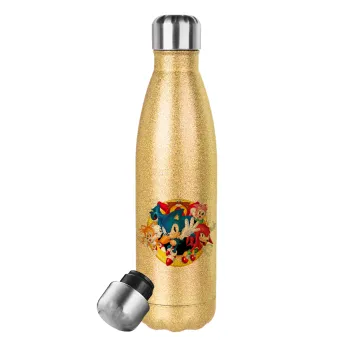 Sonic and friends, Μεταλλικό παγούρι θερμός Glitter χρυσό (Stainless steel), διπλού τοιχώματος, 500ml
