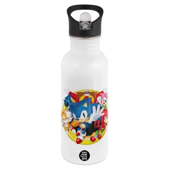 Sonic and friends, White water bottle with straw, stainless steel 600ml