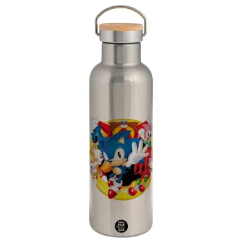 Sonic and friends, Μεταλλικό παγούρι θερμός (Stainless steel) Ασημένιο με ξύλινο καπακι (bamboo), διπλού τοιχώματος, 750ml