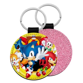 Sonic and friends, Μπρελόκ Δερματίνη, στρογγυλό ΡΟΖ (5cm)
