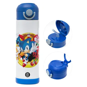 Sonic and friends, Παιδικό παγούρι θερμό, ανοξείδωτο, με καλαμάκι ασφαλείας, ΜΠΛΕ (500ml)