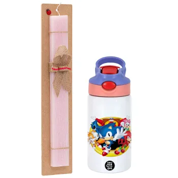 Sonic and friends, Easter Set, Children's thermal stainless steel water bottle with safety straw, pink/purple (350ml) & Easter scented flat candle (30cm) (PINK)