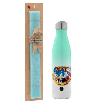 Sonic and friends, Easter Set, Metallic green/white thermos (Stainless steel), double-walled, 500ml & scented flat Easter candle (30cm) (TURQUOISE)