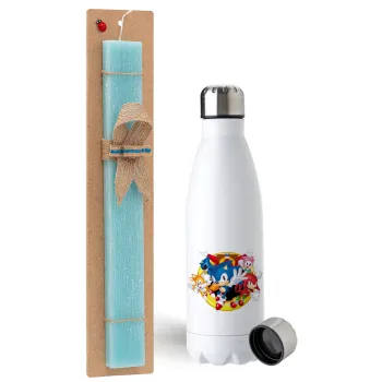 Sonic and friends, Easter Set, metallic stainless steel water bottle (750ml) & aromatic flat Easter candle (30cm) (TURQUOISE)