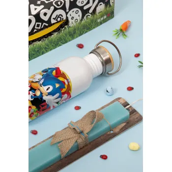 Sonic and friends, Easter Set, metallic silver aluminum water bottle (500ml) & scented flat Easter candle (30cm) (TURQUOISE)