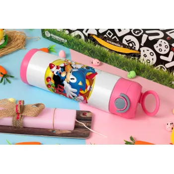 Sonic and friends, Easter candle, Childrens hot water bottle, stainless steel, with safety straw, PINK (500ml)