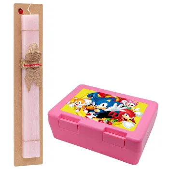 Sonic and friends, Πασχαλινή Λαμπάδα με παιδικό δοχείο κολατσιού ΡΟΖ & κερί αρωματικό πλακέ (30cm) (ΡΟΖ)