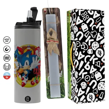 Sonic and friends, Easter candle with Grey Tumbler Thermo 600ml & aromatic flat candle (30cm) (GREY)