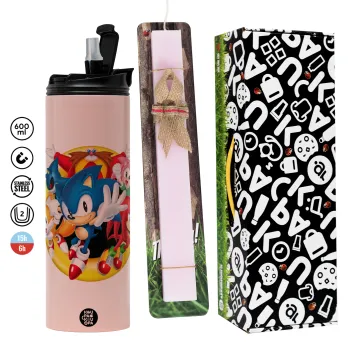 Sonic and friends, Easter candle,Travel Tumbler 2 Lids, with metal straw & cleaning brush & aromatic flat candle (30cm) (PINK)