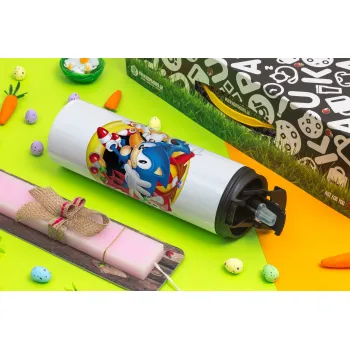 Sonic and friends, Easter candle,Travel Tumbler 2 Lids, with metal straw & cleaning brush & aromatic flat candle (30cm) (PINK)