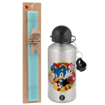 Sonic and friends, Easter Set, metallic silver aluminum water bottle (500ml) & scented flat Easter candle (30cm) (TURQUOISE)