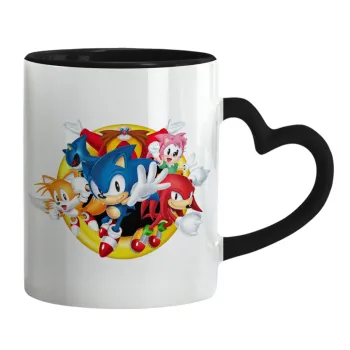 Sonic and friends, Κούπα καρδιά χερούλι μαύρη, κεραμική, 330ml