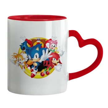 Sonic and friends, Κούπα καρδιά χερούλι κόκκινη, κεραμική, 330ml