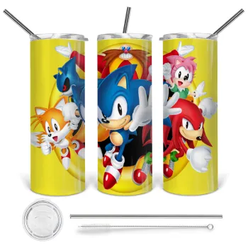 Sonic and friends, Tumbler ποτήρι θερμό από ανοξείδωτο ατσάλι 600ml, με μεταλλικό καλαμάκι & βούρτσα καθαρισμού