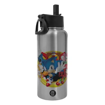 Sonic and friends, Μεταλλικό παγούρι θερμός Silver με καλαμάκι και χερούλι (Stainless steel), διπλού τοιχώματος, 950ml