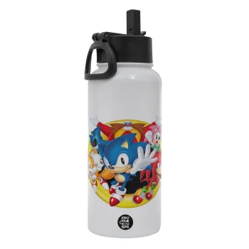 Sonic and friends, Μεταλλικό παγούρι θερμός Λευκό με καλαμάκι και χερούλι (Stainless steel), διπλού τοιχώματος, 950ml