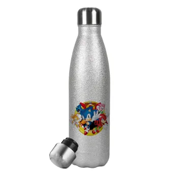 Sonic and friends, Μεταλλικό παγούρι θερμός Glitter Aσημένιο (Stainless steel), διπλού τοιχώματος, 500ml