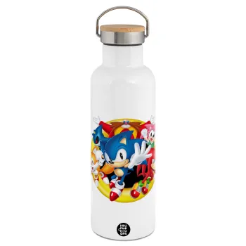 Sonic and friends, Μεταλλικό παγούρι θερμός (Stainless steel) Λευκό με ξύλινο καπάκι (bamboo), διπλού τοιχώματος, 750ml