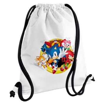 Sonic and friends, Backpack pouch GYMBAG white, with pocket (40x48cm) & thick cords