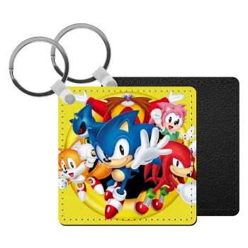 Sonic and friends, Μπρελόκ Δερματίνη, τετράγωνο ΜΑΥΡΟ (5x5cm)