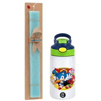 Sonic and friends, Easter Set, Children's thermal stainless steel bottle with safety straw, green/blue (350ml) & aromatic flat Easter candle (30cm) (TURQUOISE)
