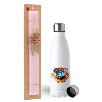 Sonic and friends, Easter Set, metallic stainless steel water bottle (750ml) & scented flat Easter candle (30cm) (PINK)