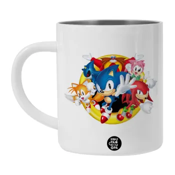 Sonic and friends, Λευκή Ανοξείδωτη Μεταλλική Κούπα 450ml - Διπλού Τοιχώματος 