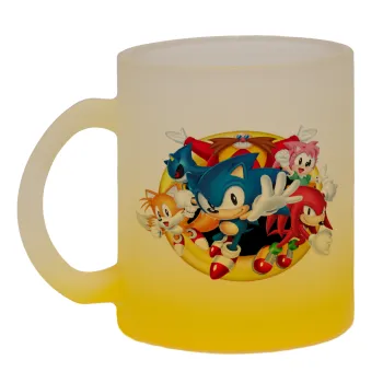 Sonic and friends, Κούπα γυάλινη δίχρωμη με βάση το κίτρινο ματ, 330ml