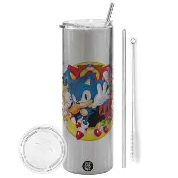 Sonic and friends, Tumbler ποτήρι θερμό Ασημένιο από ανοξείδωτο ατσάλι 600ml, με μεταλλικό καλαμάκι & βούρτσα καθαρισμού